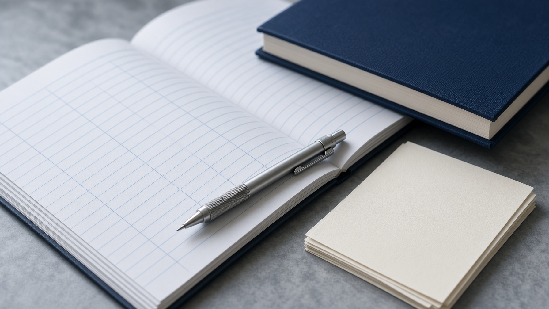Libro de contabilidad abierto, un cuaderno azul y facturas en blanco.